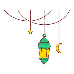 single green hanging lamp flat design style with crescent moon and star