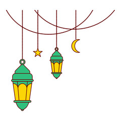 two green hanging lantern with crescent moon and star with cable ornament as decoration for ramadan and eid celebration flat design illustration style