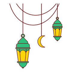 twin green hanging lamp and crescent moon with cable as decoration for ramadan and eid event celebration flat design illustration style