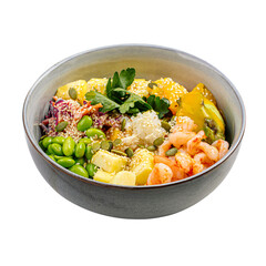 portion of shrimp vegetables poke bowl