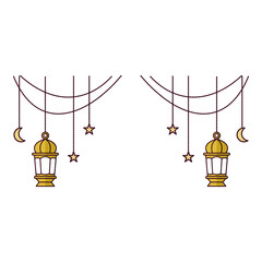 symmetrical set of yellow hanging lantern with crescent moon and star as decoration element illustration with flat design style for ramadan and eid celebration
