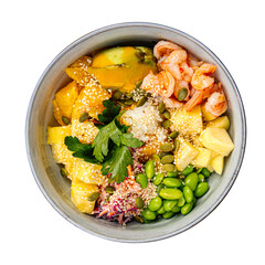 Portion of shrimp poke bowl with vegetables
