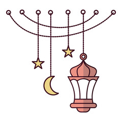 asymmetrical set of pink hanging lantern with crescent moon and stars as decoration for ramadan and eid celebration flat design illustration style