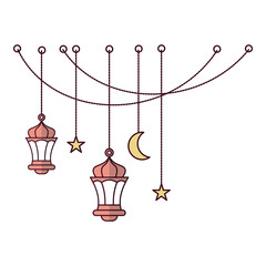 two antique hanging lantern with crescent moon and two stars and cable as decoration with flat design style illustration