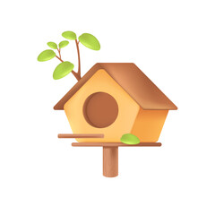 Cute wooden birdhouse on tree 3D illustration. Cartoon drawing of handmade house for birds in 3D style on white background. Nature, spring, gardening, carpentry, ecology concept