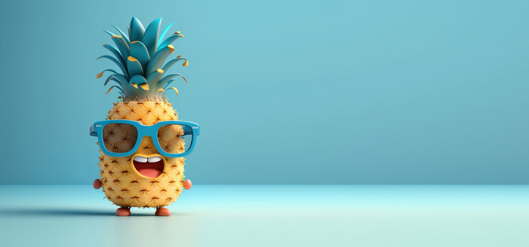 Pineapple with sunglasses on blue background, Summer vacation concept. Generative AI