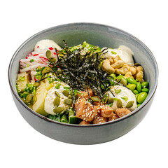 portion of chicken poke bowl with cashew