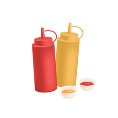 Obraz premium Bottles of ketchup and mustard 3D illustration. Cartoon drawing of condiments or sauces for French fries, nuggets or snacks in 3D style on white background. Street or fast food concept
