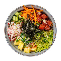 Isolated portion of tuna poke bowl