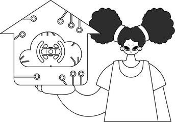 Girl with IoT logo in linear vector style