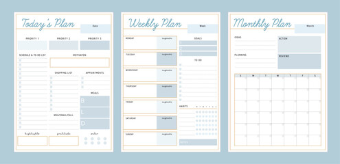 3 set of today, weekly, monthly planner. Vector Print template.