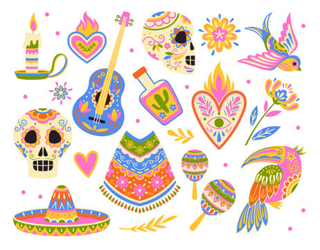 Mexico element collection. Dia de los muertos, day of dead set. Skulls, maracas, sombrero, guitar and hearts with floral patterns. Cartoon flat vector illustrations isolated on white background