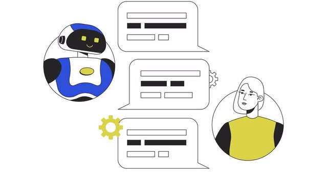 Conversational AI chatbot animation. Animated chat bot and human female user 2D cartoon flat colour line characters. 4K video concept footage on white with alpha channel transparency for web design