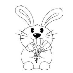 Cute cartoon Rabbit with snowdrop in black and white