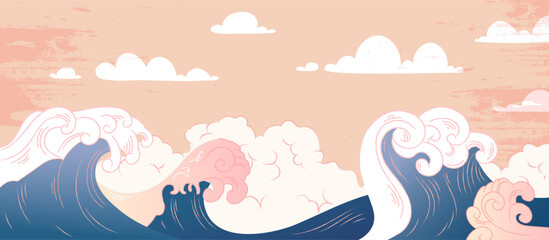 Ocean big wave. Poster or banner in Asian, Chinese and Japanese style. Beautiful natural panorama and seascape.