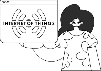 Girl holding IoT logo, linear vector illustration