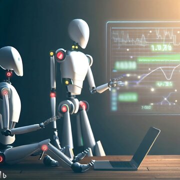 Robot of the future is looking at the trend line discussing how to invest. by bing image creator.