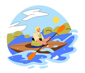 Rafting in canoe. Man sailing on boat with oar in his hands. Young guy goes in for extreme sport. Active lifestyle and outdoor leisure. Character sitting in boat. Cartoon flat vector illustration