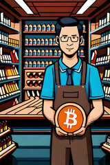 Shop owner accepting Bitcoin. Ai generated 