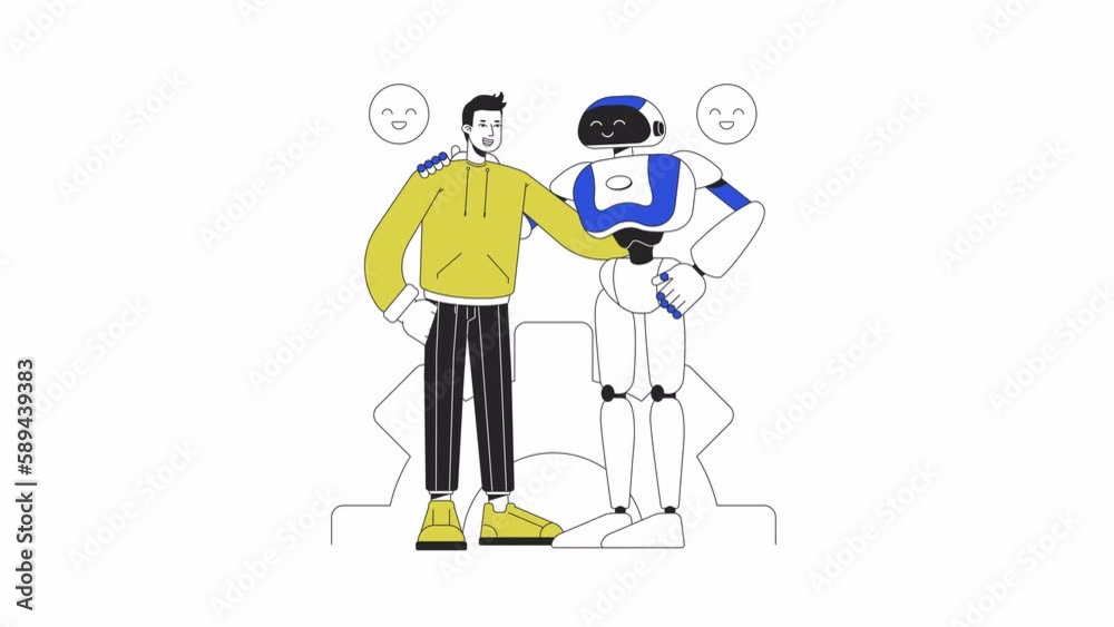 Poster human robot interaction animation. animated robotic engineer and machine 2d cartoon flat colour line