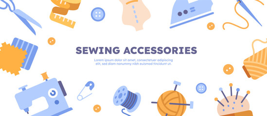 Sewing accessories banner. Measuring tape, needle and thread and sewing machine. Needlework, handicraft and creativity. Fashion, trend and style. Cartoon flat vector illustration