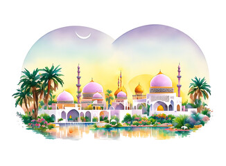 Cute Charming Islamic Mosque pink and purple watercolor illustration with tropical plant. Suitable for Islamic events Eid Al Fitr, Eid Al Adha, Ramadan, Islamic New Year, Mawlid. Generative AI