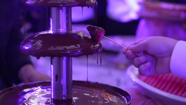 A delectable stock video of juicy strawberries dipped in a chocolate fountain, perfect for party celebrations. Watch as anonymous hands and kids eagerly pick up fruit skewers to dip into the fondue.