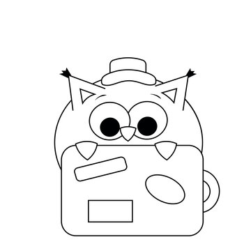 Cute Owl with travel suitcase and hat in black and white