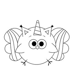 Cute Owl in rainbow Unicorn costume with wing in black and white