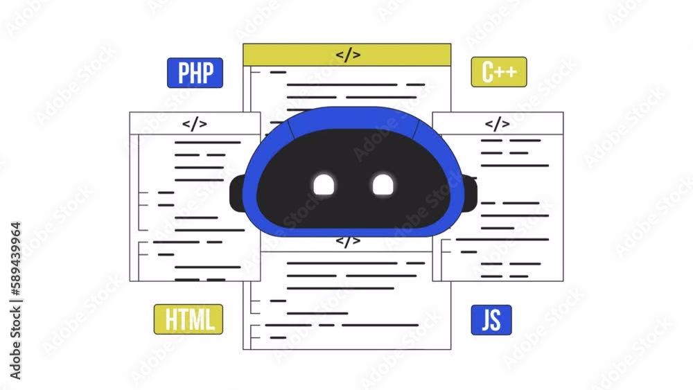 Poster ai-assisted programming animation. animated bot with scripts 2d cartoon flat colour line character. 