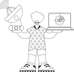 He holds an antenna and laptop for working with IoT data, in vector linear fashion