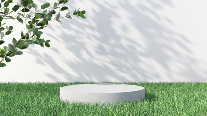 Round concrete podium in green grass with boxwood branches on white wall background with beautiful shadows from leaves. Mockup for product presentation