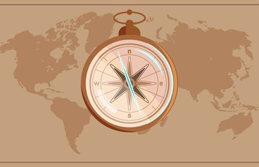 Isolated brown compass symbol flat style and with the image of the directions compass on world map background flat illustration.	
