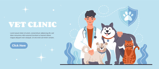 Vet clinic banner. Man with stethoscope stands near cat and dog. Workplace veterinarian in medical gown with big pets. Advertising poster or banner. Cartoon flat vector illustration