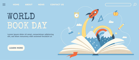 World book day. Mountains and rocket on pages of open book, textbook and fiction. Education and training. Love for literature and useful hobby. Holiday and festival. Cartoon flat vector illustration
