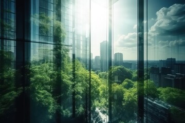 Double exposure of lush green forest and modern skyscrapers windows of building. Green city concept. Generative ai. - obrazy, fototapety, plakaty