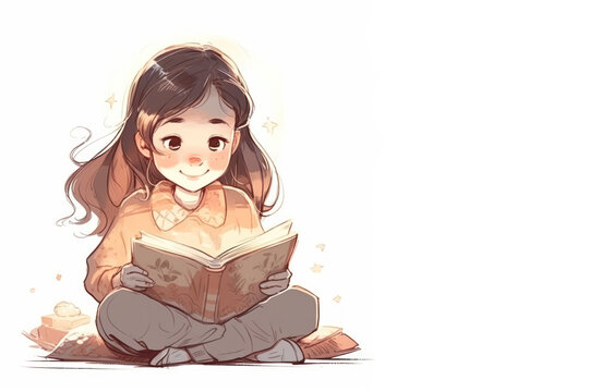 Cute young woman reading book anime style background. Generative ai.