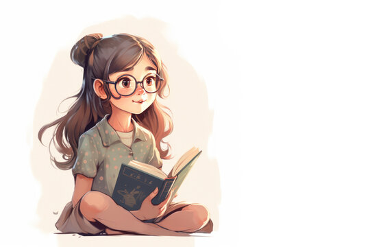 Cute young woman reading book anime style background. Generative ai.