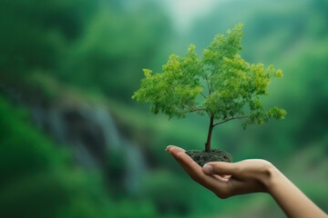 Hand holding tree on blur green nature background. Green environment earth day concept. Generative ai.