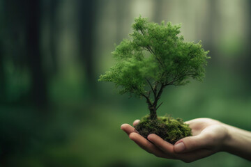 Fototapeta na wymiar Hand holding tree on blur green nature background. Green environment earth day concept. Generative ai.