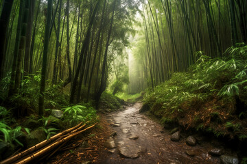 Obraz premium Large bamboo forest in mountain road after the rain, tropical landscape, dirt path road in the jungle, generative ai
