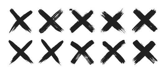 Dirty grunge hand drawn with brush strokes cross x vector illustration icon set. Cross mark wrong symbol graphic design collection. Check mark symbol NO button for vote in check box, web, etc.