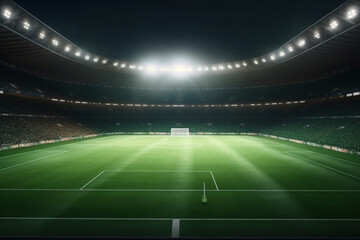 Fototapeta na wymiar light trails on a grand football stadium green pitch view illuminated by spotlights and an illuminated spectator stand. Sports, Generative AI 