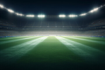 Grand football stadium green pitch view illuminated by spotlights and illuminated spectator stand. Sports, Generative AI	