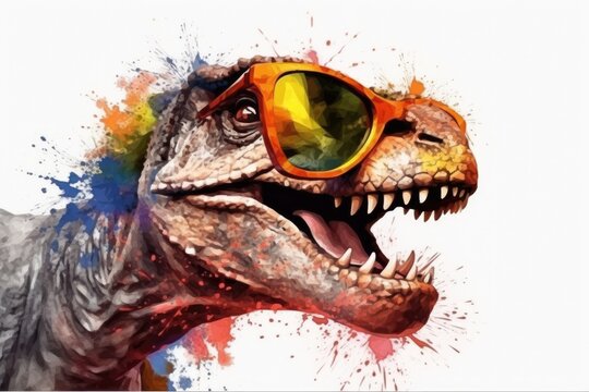 T-rex in sunglasses realistic with paint splatter abstract  