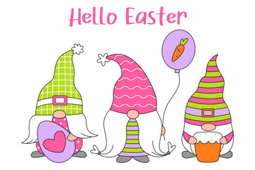 Set cute gnomes with egg, cake, baloon for Easter and spring. Happy Easter. Doodle cartoon style.