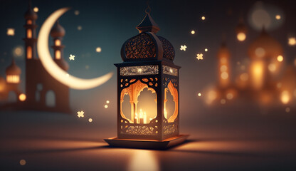 Obraz na płótnie Canvas Generative AI illustration of Muslim Holy Month Ramadan Kareem Lantern with bokeh