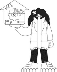 Fototapeta premium Girl holds IoT logo, line vector art