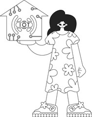 Girl grasps IoT logo in vector, linear illustration