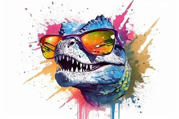 T-rex in sunglasses realistic with paint splatter abstract  